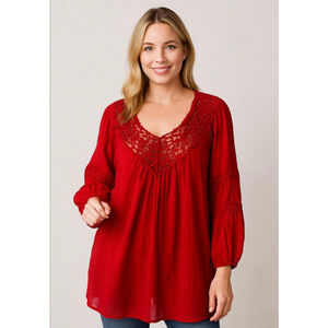 Women's Grand & Greene Red Crochet Lace V-Neck Tunic Top Plus Size 1X Boho Gypsy